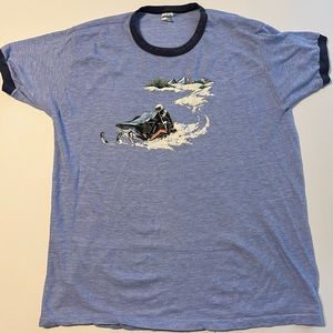 Vintage Mens Ringer Healthknit Blue Iron On T-Shirt XL Snowmobile Unique